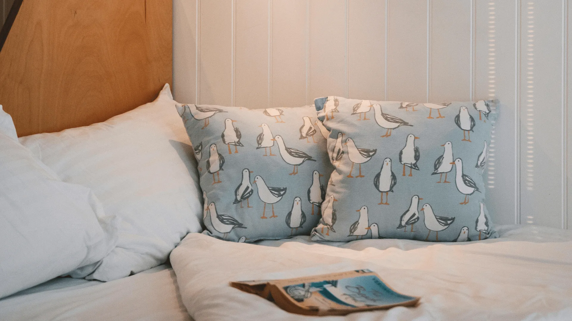 Cosy bed inside Beach Lodge with pillows and reading book