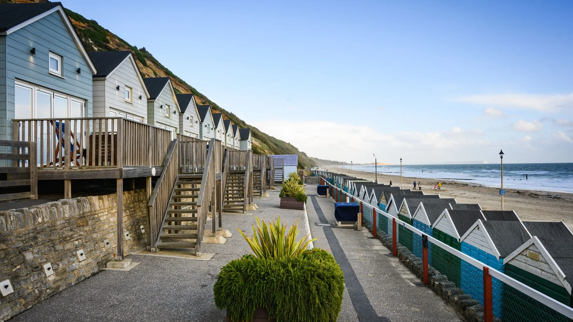 Autumn view of the beach lodges overlooking Boscombe Beach