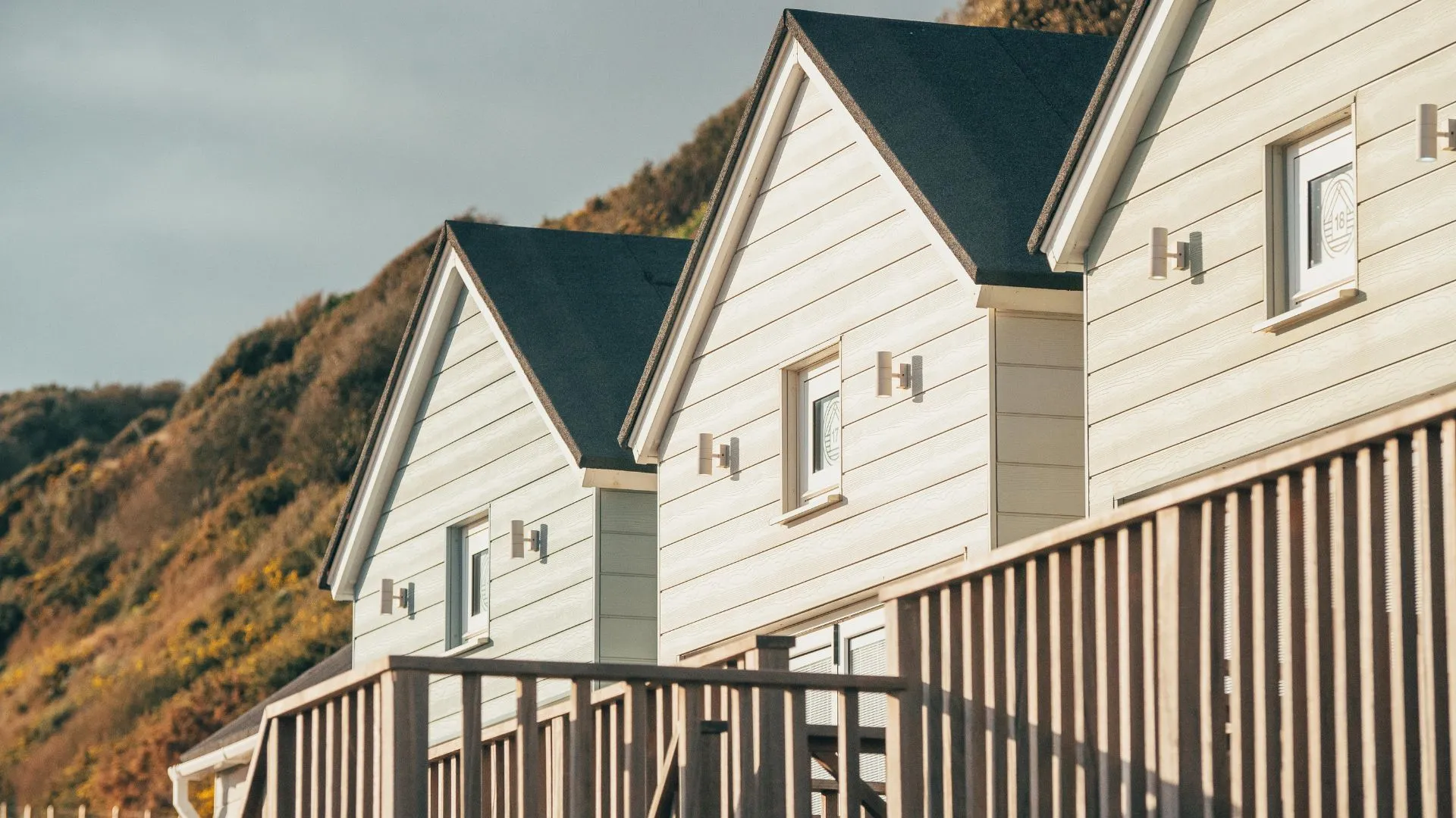 Light autumn sun reflecting on Beach Lodges