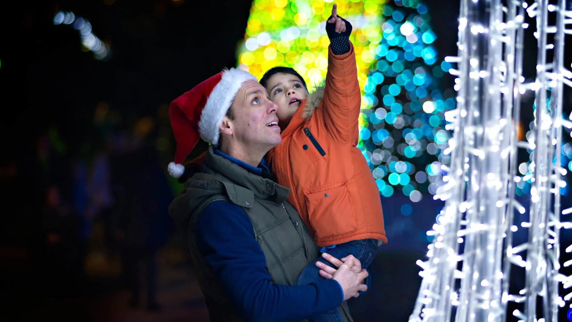Dad and son pointing at Tree of Light at Christmas Tree Wonderland